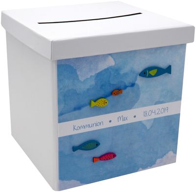 Briefbox Kartenbox MIT NAMEN Kommunion Konfirmation Fische Blau Aquarell