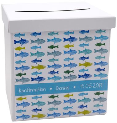 Briefbox Kartenbox MIT NAMEN Kommunion Konfirmation Fische Grün Blau