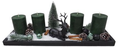 Adventsgesteck Tablett Schwarz Weihnachten Grün Dunkelgrün Hirsch Tischdeko Deko