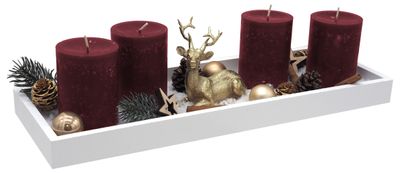 Adventsgesteck Weihnachten Weihnachtsdeko Tablett Bordeaux Rot Weiß Hirsch Gold