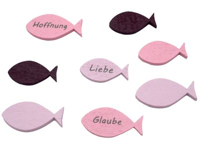 Tischdeko Streudeko Fische Holz Holzfische Rosa Lila Glaube Liebe Hoffnung Kommunion Konfirmation 8 Stück