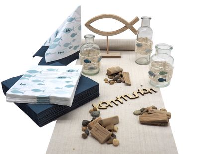 Tischdeko Kommunion Konfirmation Petrol Beige Blau Vasen Streudeko SET 20 Personen 