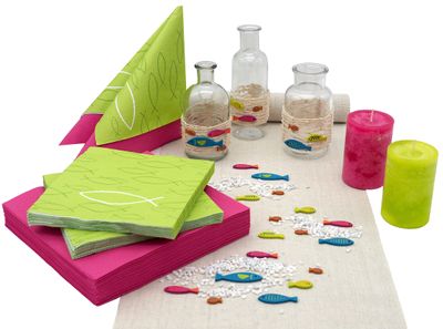 Tischdeko Kommunion Konfirmation Leinen Grün Pink Bunt Fisch SET 20 Personen