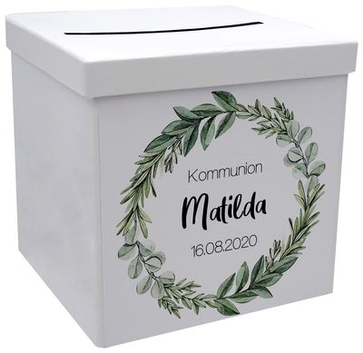 Briefbox Kartenbox Kommunion Konfirmation Eukalyptus Blätterkranz Geburtstag Personalisiertes Geschenk