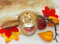 Herbstliches Windlicht-Glas mit Ahornblättern in Orange Rot & goldfarbenem Innenleben 4