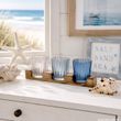 3 Teelichthalter im Holzgestell 23cm – Windlichter geriffelt Blau Taupe Glas Holz 2