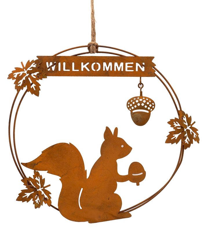  Eichhörnchen Deko Herbst  Winter Metallschild Willkommen Rost Metall Ø 20cm