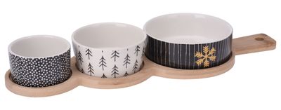 Servierset für Snacks Holztablett Porzellanschalen Dip Set Winter 4-teiig