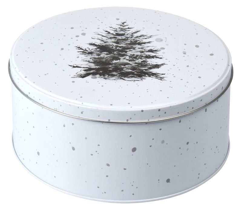 Keksdose Rund Baum Weiß Vorratsbehälter mit Deckel Metall Vorratsdose Weihnachten 19,5cm Ø