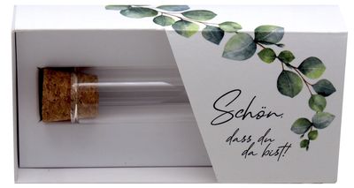 Gastgeschenk Schatulle 13,5 cm mit Glasröhrchen Eukalyptus Hochzeit Salbei Kommunion Konfirmation Tischdeko