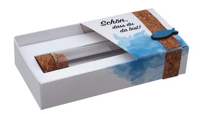 Gastgeschenk Schatulle Papier 13,5 cm Lang mit Glasröhrchen Fisch Blau Kommunion Konfirmation Tischdeko ISAAK