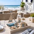 Maritimes Deko SET auf Holztablett mit Segelboot, Vasen, Windlicht Sand und Stranddeko 5
