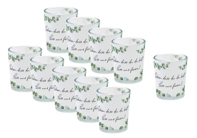 Windlichtglas mit Motiv Banderole mit Eukalyptus und Spruch "Schön, dass du da bist!" SET 10 Stück