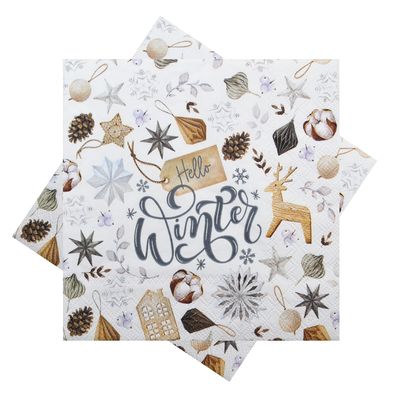 Reh Stern Schneeflocke Servietten "Hello Winter" Ornamente Natur Weihnachten Deko 33 x 33 cm 20er Pack 