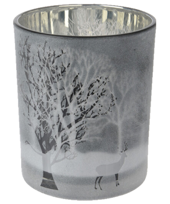 Teelichthalter Groß Weihnachten Hirsch Wald Grau Kerzenglas 12,5 cm
