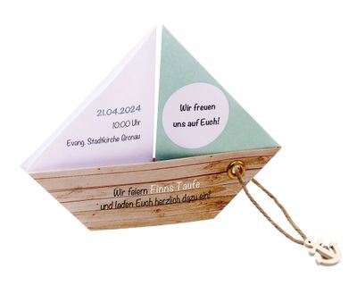Einladungskarte Kommunion Konfirmation Taufe Boot Schiff Mint Grün Einladung Umschlag Braun Weiß