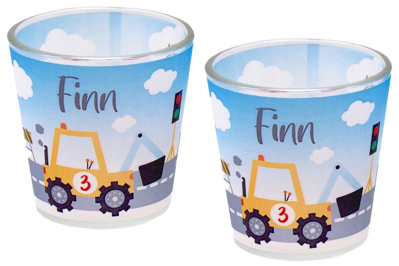 Windlicht  Glas mit Banderole Kindergeburtstag Motto Baustelle Junge Personalisiert