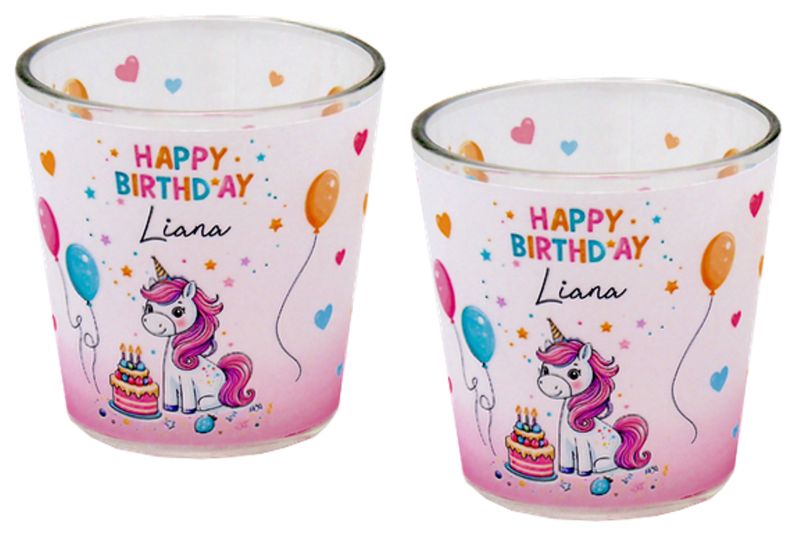 Windlicht Banderole Einhorn Geburtstag Kinder Party Votivglas Mädchen Tischdeko PERSONALISIERT 7,5cm Hoch