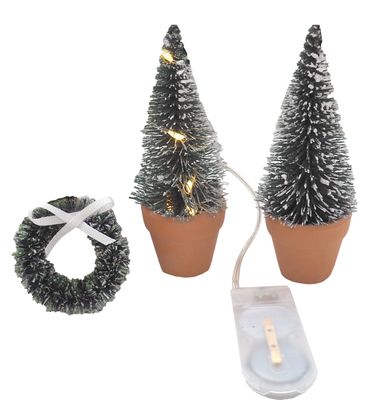 Wichtel Zubehör Deko Mini LED Tannenbaum Terracotta Pflanzenkübel Kranz Puppenhaus SET 3-teilig