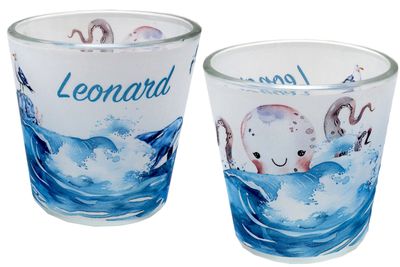 Windlicht Banderole Meer Geburtstag Delfin Möwe Oktopus Kinder Party Votivglas Tischdeko PERSONALISIERT 7,5cm Hoch