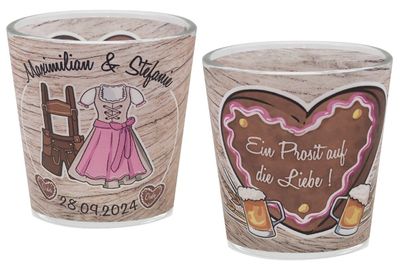 Windlicht Banderole Oktoberfest Pink Braun Hochzeit Party Votivglas Tischdeko PERSONALISIERT 7,5cm H