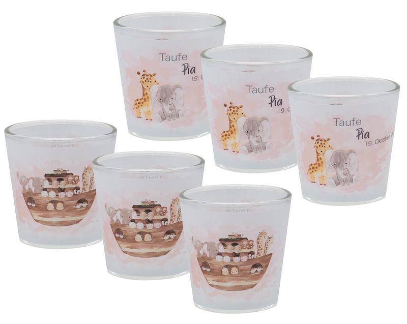 Windlicht Banderole Arche Noah Rosa Taufe Geburtstag Tischdeko PERSONALISIERT 7,5cm H