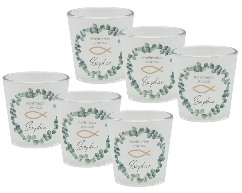Windlicht Banderole Eukalyptus Fisch Gold Kommunion Konfirmation Tischdeko PERSONALISIERT 7,5cm H