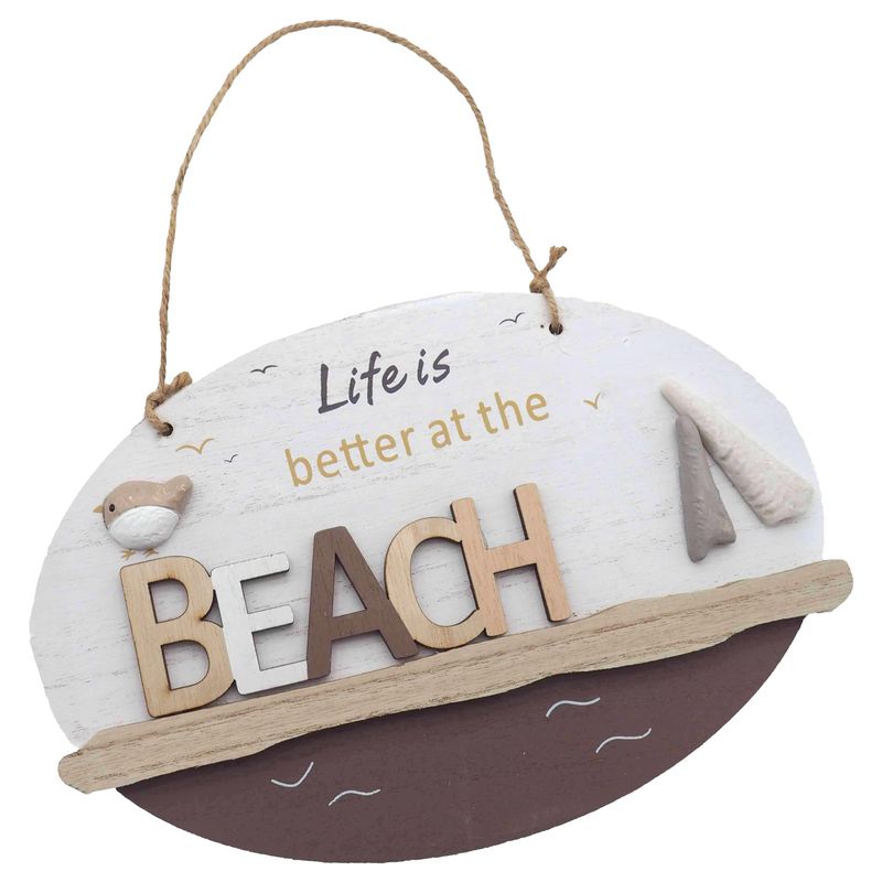 Deko Schild mit Spruch im maritimen Stil und Schnur zum Aufhängen "Life is better at the Beach"