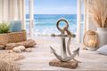 Maritimer Deko Anker auf Holzfuß – Aluminium Anker Silber auf Mango Holz – Strandhaus, Garten, Badezimmer, Sommer 2