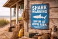 Vintage-Blechschild, Metallschild in Rostoptik mit Hai Motiv in Blau - Shark Warning Schild 2