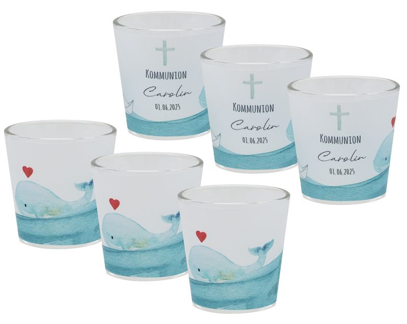 Windlicht Votiv Banderole Wal Papierboot Blau Kommunion Konfirmation Tischdeko PERSONALISIERT 7,5cm H