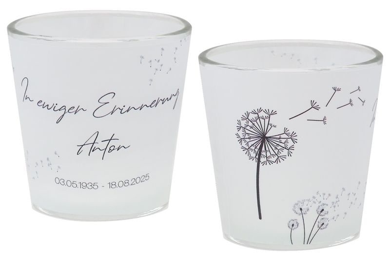 Windlicht Votiv Banderole Pusteblume Anteilnahme Trauer Tischdeko PERSONALISIERT 7,5cm H