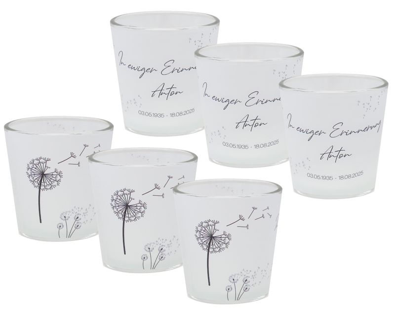 Windlicht Votiv Banderole Pusteblume Anteilnahme Trauer Tischdeko PERSONALISIERT 7,5cm H