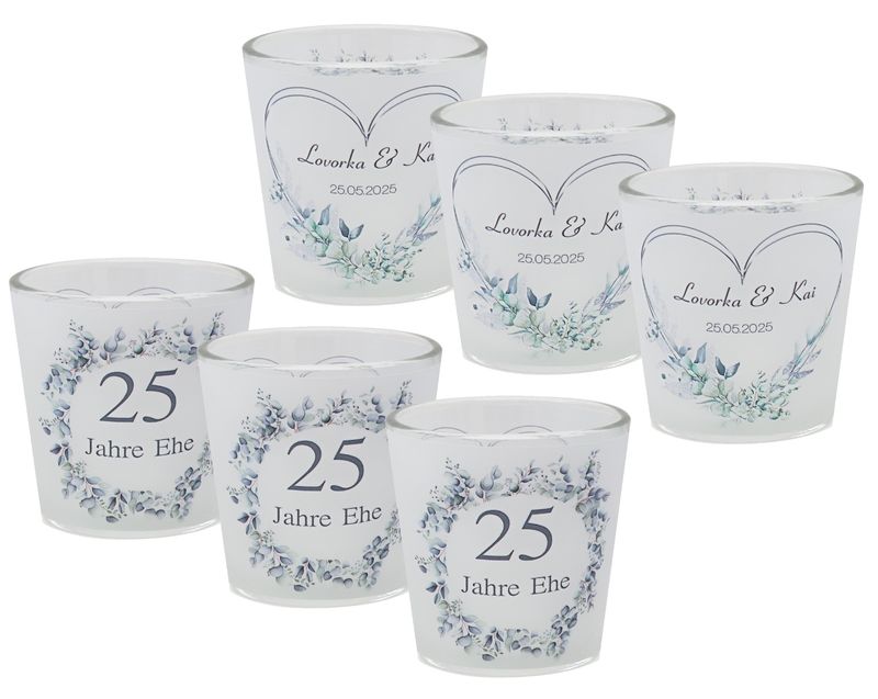 Windlicht Votiv Banderole Silberhochzeit 25 Jahre Ehe Eukalyptus Grün Silber Tischdeko PERSONALISIERT 7,5cm H