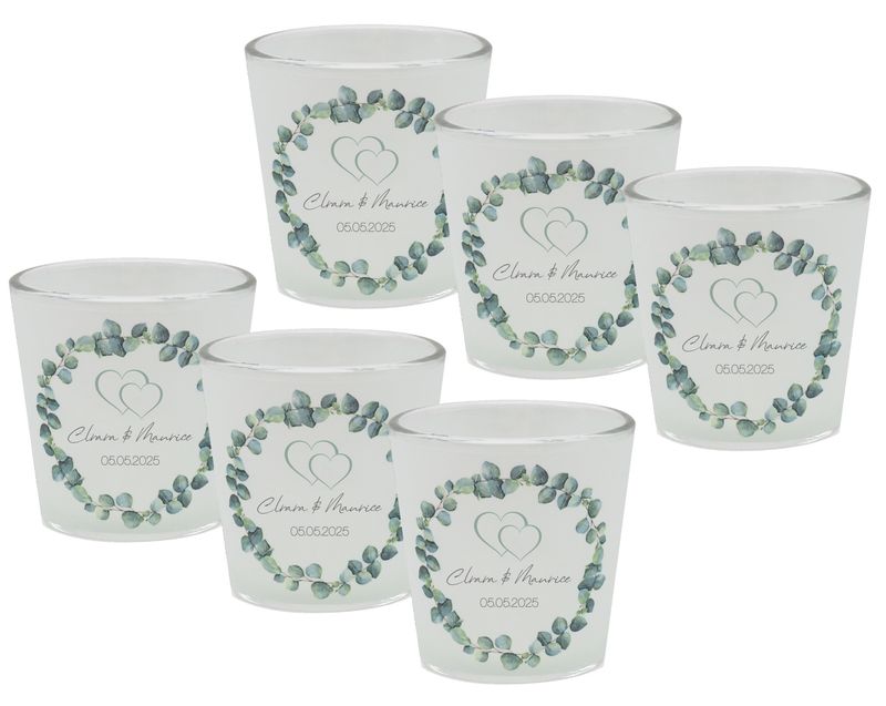 Windlicht Hochzeit Eukalyptus Banderole PERSONALISIERT Glaswindlicht individuell