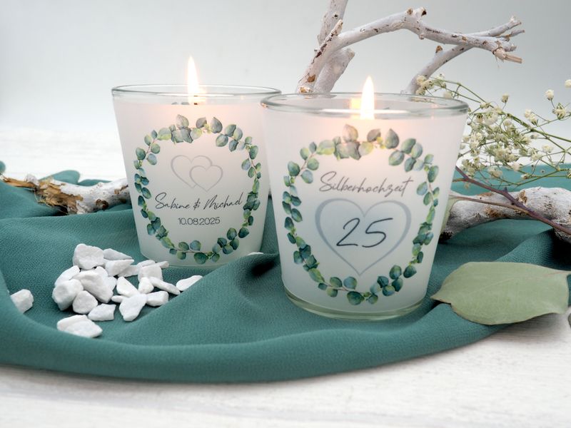 Windlicht Kerzenglas Eukalyptus Silberhochzeit Tischdeko Geschenk PERSONALISIERT Name Datum