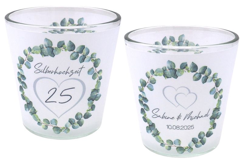 Windlicht Votiv Banderole Silberhochzeit Eukalyptus Herz Silber Tischdeko PERSONALISIERT 7,5cm H