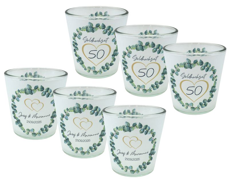 Windlicht Votiv Banderole Goldhochzeit Eukalyptus Herz Gold Tischdeko PERSONALISIERT 7,5cm H