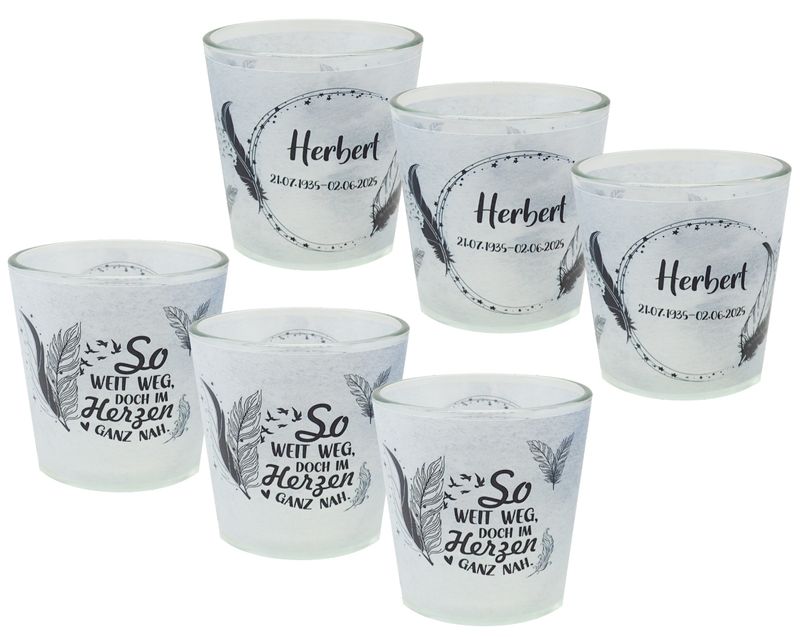 Windlicht Votiv Banderole Federn Anteilnahme Trauer Tischdeko PERSONALISIERT 7,5cm H