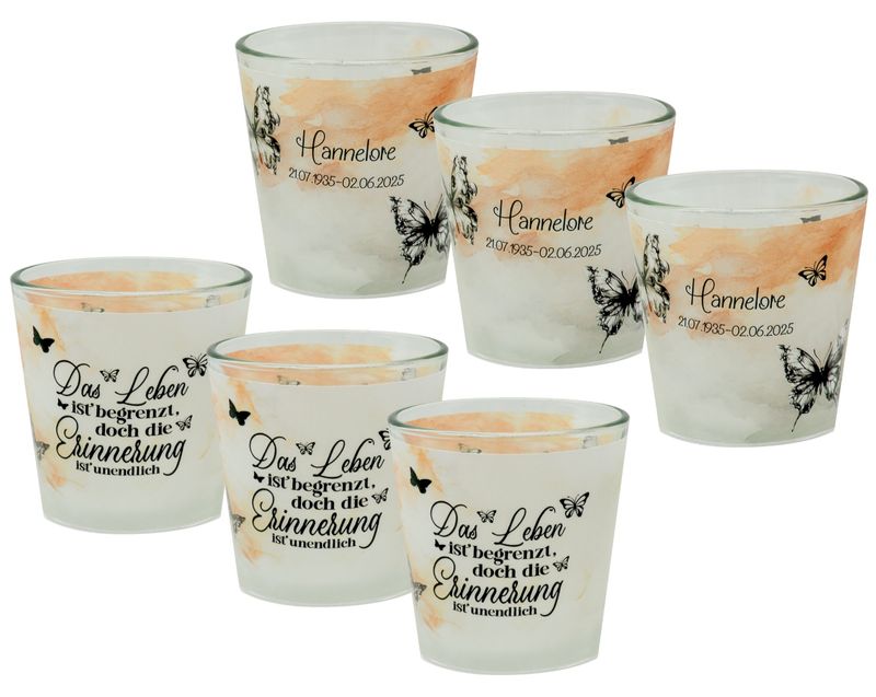 Windlicht Votiv Banderole Schmetterling Anteilnahme Trauer Tischdeko PERSONALISIERT 7,5cm H