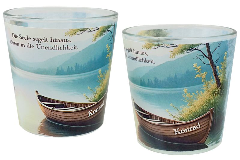 Windlicht Votiv Banderole Boot Seebestattung Anteilnahme Trauer Tischdeko PERSONALISIERT 7,5cm H
