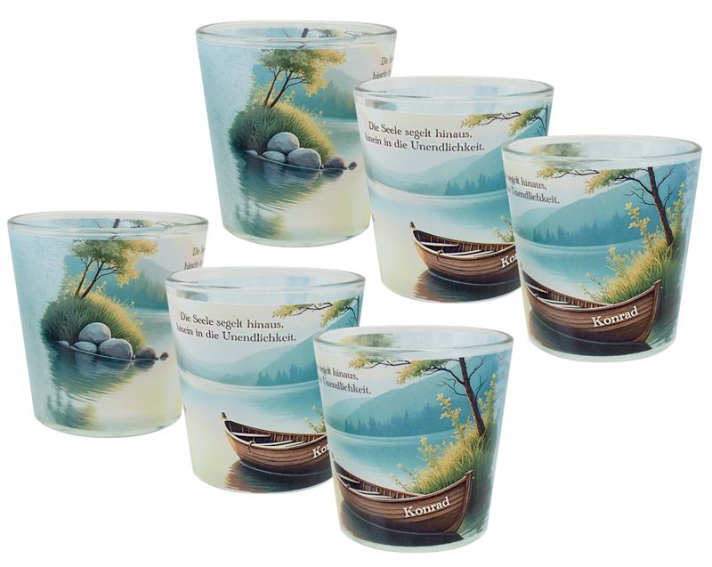 Windlicht Votiv Banderole Boot Seebestattung Anteilnahme Trauer Tischdeko PERSONALISIERT 7,5cm H