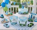 Tischdeko Kindergeburtstag Junge Blau Auto Windlicht aus Glas mit Banderole PERSONALISIERT mit Name & Jahreszahl 4