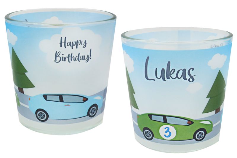 Windlicht Banderole Auto Geburtstag Kerzenglas Tischdeko Kindergeburtstag Junge PERSONALISIERT 7,5 cm H