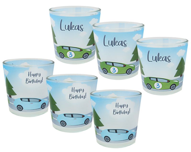Windlicht Banderole Auto Geburtstag Kerzenglas Tischdeko Kindergeburtstag Junge PERSONALISIERT 7,5 cm H
