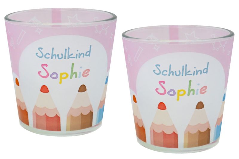 Windlicht Banderole Rosa Buntstifte Kerzenglas Einschulung Schulbeginn Deko Tischdeko PERSONALISIERT 7,5cm Hoch
