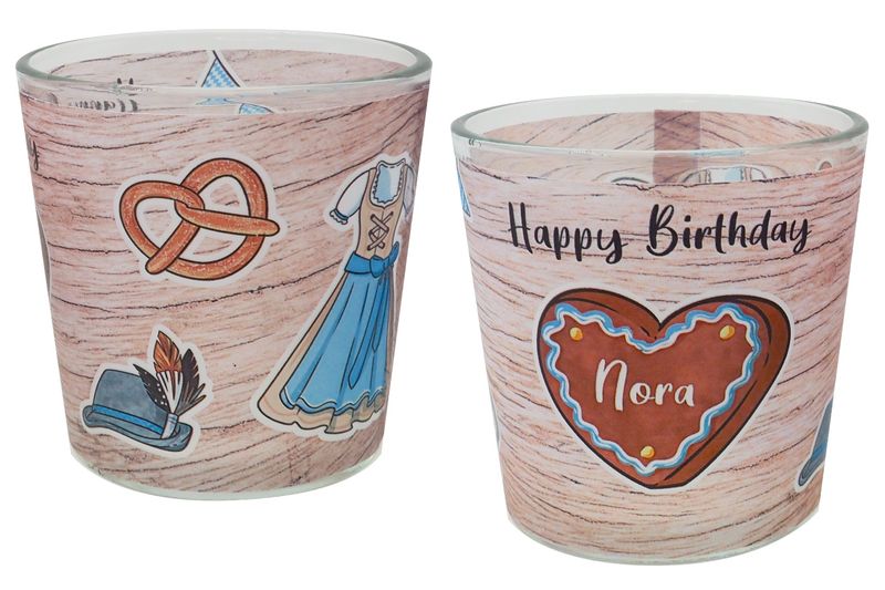 Windlicht Glas mit Banderole Frau Geburtstag Oktoberfest Bayrisch Blau Tischdeko Kerzenglas PERSONALISIERT 7,5cm H