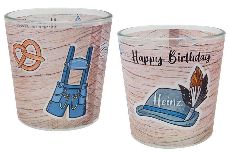 Windlicht Glas mit Banderole Mann Geburtstag Oktoberfest Bayrisch Blau Tischdeko Kerzenglas PERSONALISIERT 7,5cm H