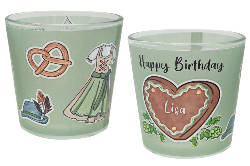 Windlicht Glas mit Banderole Frau Geburtstag Oktoberfest Bayrisch Grün Tischdeko Kerzenglas PERSONALISIERT 7,5cm H