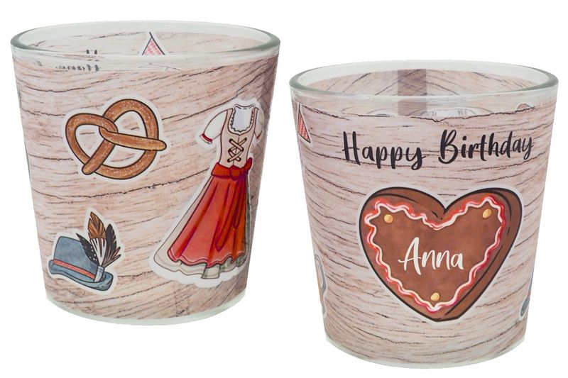 Windlicht Glas mit Banderole Frau Geburtstag Oktoberfest Bayrisch Rot Tischdeko Kerzenglas PERSONALISIERT 7,5cm H